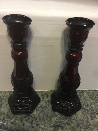Avon Cape Cod Cranberry Ruby Red Glass Candlestick Pair Candle Holders