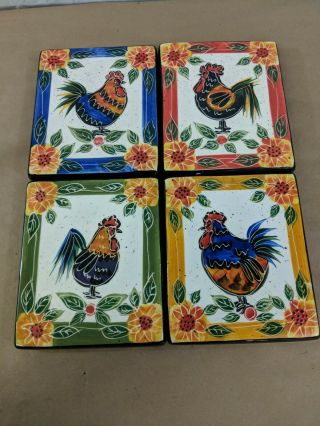 Set Of 4 Julie Ueland Ceramic Rooster Tile Trivets/plaque Wall Hanging 6 X 7 H4