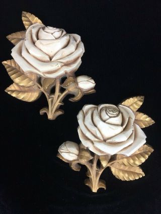 Pair Mcm Hollywood Regency Rose Wall Plaques Gold/cream 3d Vintage Retro Usa
