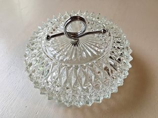 Crystal Trinket Dish / Powder Bowl W/ Chrome Handled Lid Art Glass Diamond Cut
