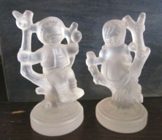 Pair (2) Hummel Frosted Lead Crystal Figurines Apple Tree Boy & Apple Tree Girl