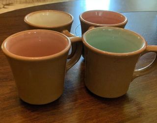 4 Vintage Taylor Made Diner Coffee Mugs In Brown W/ White,  Blue & Pink Inside