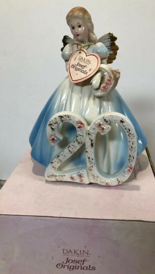 Vtg Josef Originals Birthday Girl Angel Figurine - Age 20 Cake Topper Blue Mib
