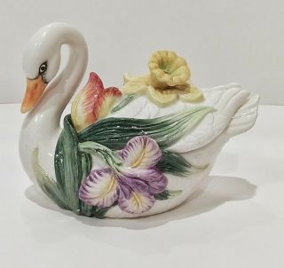 Fitz And Floyd Floral Swan Lidded Treasure Box W Surprise Hatching Egg Inside
