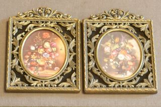 Vintage Set Of Decorative Brass Italian Picture Frame With Floral Print