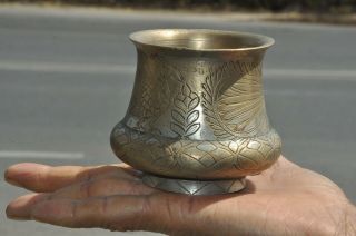 Old Brass Handcrafted Peacock Engraved Unique Holy Water Pot,  Rich Patina 2