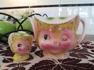 Vintage Enesco " Miss Priss " Winking Kitty Cat Teapot & Shaker