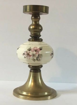 Brass And Pink Floral Porcelain Candlestick Candle Holder Vintage