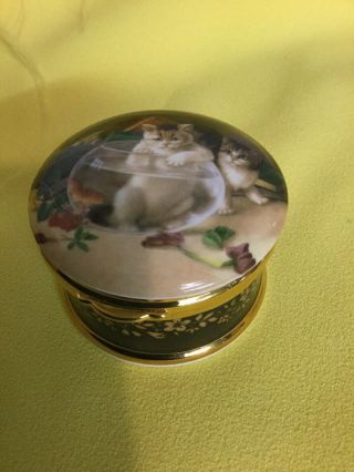 Falcon China Hand Crafted Trinket Box With Cat Made In England.  Gold Accents