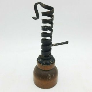 Vintage Wrought Iron 8 - 1/2 " Twist Up Adjust Spiral Taper Candle Holder Wood Base
