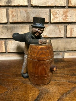 Antique 1926 Anri Italy Hand Carved Wood Cigarette Match Holder Barrel Drunk Man