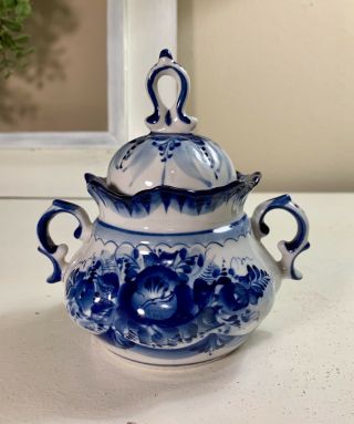 Vintage Gzhel Sugar Bowl With Lid Floral Blue White Handmade In Russia