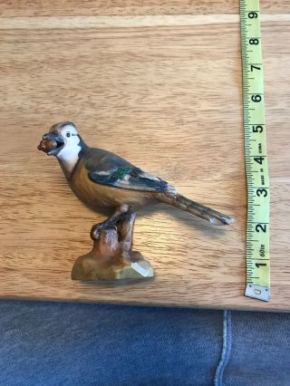 Anri Italy Hand Carved Bird The Bluejay With Nut In Mouth Figure 4.  5 " X5.  5 "
