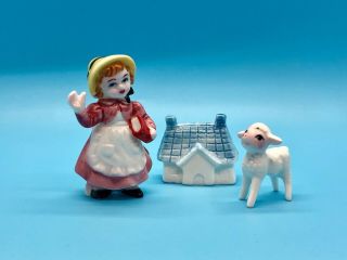 Rare Vintage Miniature Mary Had A Little Lamb Bone China Figurine Set Of 3 Japan