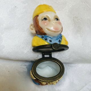 Porcelain Trinket Box Bellhop Monkey Dept 56 Grinder Monkey Pillbox 3” Yellow 3