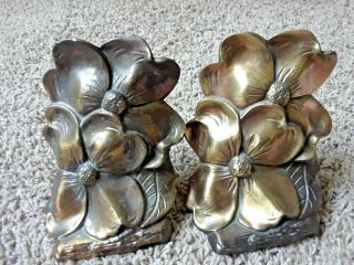 Vintage Pair Heavy Metal Brass? Bookends Dogwood Flowers