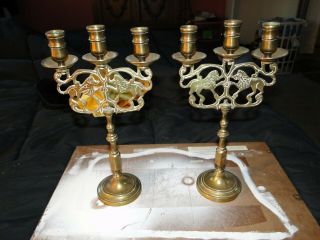 Vintage Brass Lion Candelabra 3 Candlestick Holder Lions 11 1/2” Tall - Pair