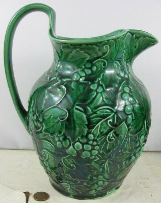 Antique Large Water Pitcher Ofetruria & Barlaston Wedgwood Green Grapevine