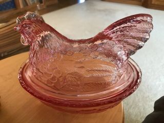 Longaberger Basket: Classic Pink Glass Chicken Hen Butter Serving Candy Dish Usa