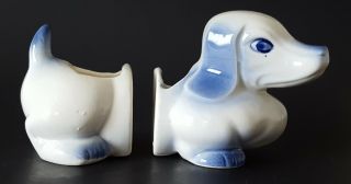 Vintage Porcelain Wiener Dog Split Planter Two Piece White Cobalt Blue Japan