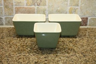 Set Of 3 Longaberger Sage Green Pottery Refrigerator Dishes 2 Rectangle 1 Square