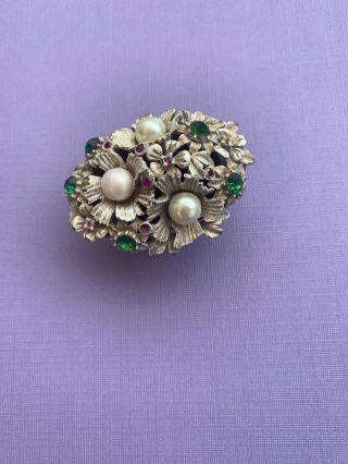 Vintage Trinket Jewelry Box By Florenza C.  1940 With Pearls & Rhinestones Signed