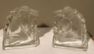 Vintage Mid Century Glass Crystal Horse Head Bust Bookends Equestrian Hippophile