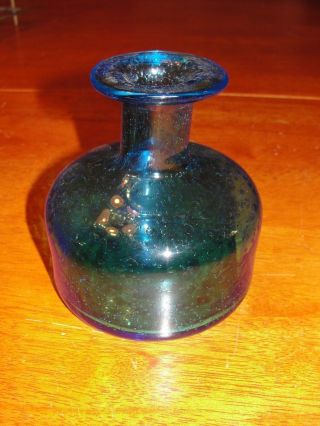 Vintage Hand Blown (?) Bubble Glass Teal Blue Wine Decanter 4 " Bud Vase