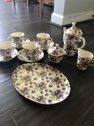 Porcelain Violet And White Pansy Tea Set - 12 Piece Set