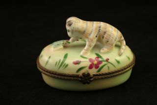 Limoges France Porcelain Calico Cat Playing With Toad Frog Trinket Box