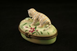 Limoges France Porcelain Calico Cat Playing with Toad Frog Trinket Box 2