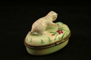 Limoges France Porcelain Calico Cat Playing with Toad Frog Trinket Box 4