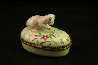 Limoges France Porcelain Calico Cat Playing with Toad Frog Trinket Box 5
