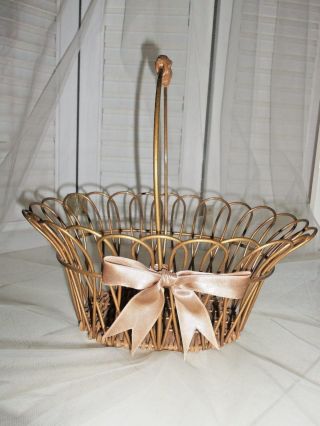 Vintage Old Gold Wire Wicker Basket With Bow French Country Farmhouse Sturdy