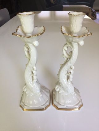 Lenox Aquarius Dolphin Porcelain Candlestick 2 Candle Holders 24kt Ivory
