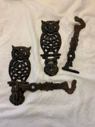 Pair Vintage Cast Iron Metal Owls Swivel Arm Wall Bracket Plant Hanger Hardware
