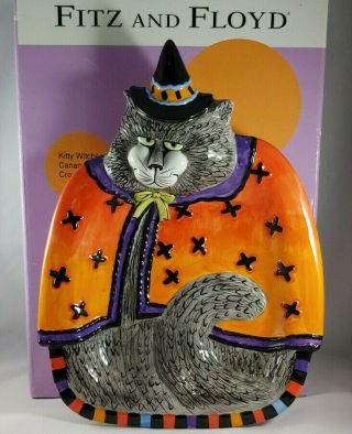 Fitz & Floyd Halloween Cat Kitty Witches Canape Plate Platter Tray Crosses Gray