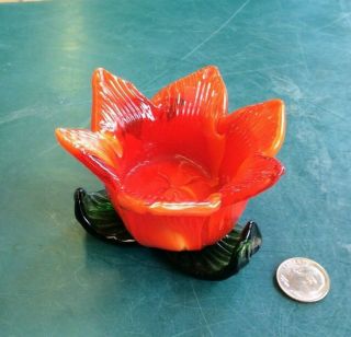 Vintage Art Glass Orange/ Red Flower Green Leaves Tealight Candle Holder 3