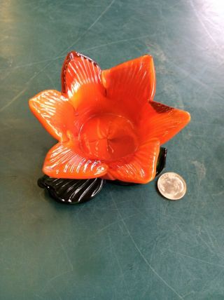 Vintage Art Glass Orange/ Red Flower Green Leaves Tealight Candle Holder 4
