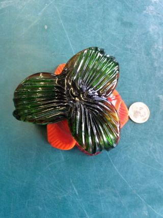 Vintage Art Glass Orange/ Red Flower Green Leaves Tealight Candle Holder 5