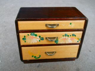 Vintage Small Wood Chest Drawers Jewelry Trinket Box Flowers Floral Daisy