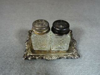 Vintage Small Square Clear Glass Salt & Pepper Shakers W Silver Plate Tray