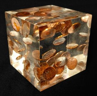 Lucite Paperweight 1969 Copper Canadian Pennies 3 " Square Acrylic Cube Block