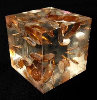 Lucite Paperweight 1969 Copper Canadian Pennies 3 