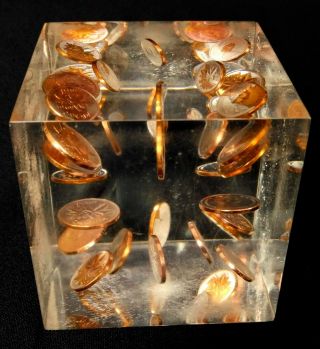 Lucite Paperweight 1969 Copper Canadian Pennies 3 