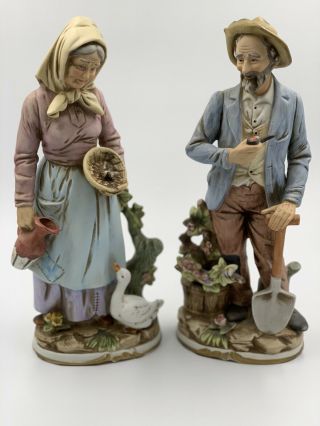 Homco 1981 Old Man And Old Woman Porcelain Capidimonte Figurines 13 1/2” Tall