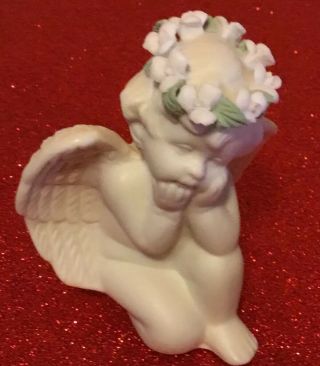 Seated White Bisque Porcelain Cherub Angel W/pink Floral Crown Charming