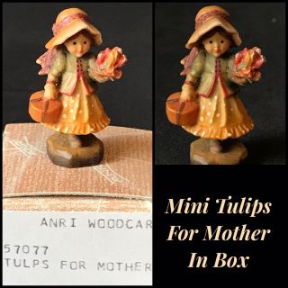 Carved Wood Anri Sarah Kay Figurine - 1 - 3/4 " Tulips For Mother Miniature,
