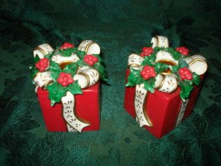 2001 Avon Porcelain Christmas Gift Box Taper Candle Holders Set