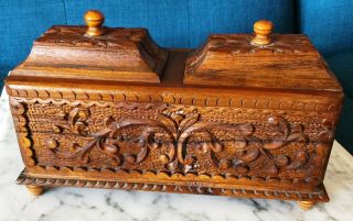 Vintage Hand Carved Ornate Wood Trinket Box W/ Sliding Lids